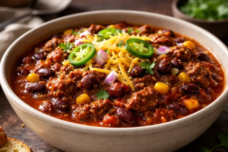 A Bowl Of Loaded Beef Chili For Easy Dinner Ideas Topped With