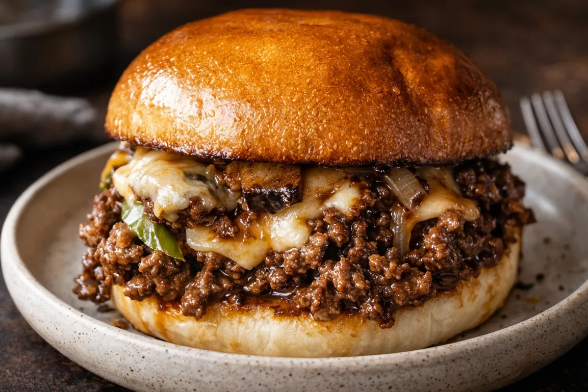 Cheesy Philly Cheesesteak Sloppy Joes Quick Dinner Ideas A Close Up Shot Of Cheesy Philly Cheesesteak Sloppy Joes Quick Dinner