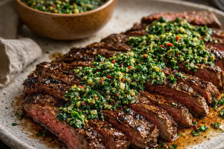 A Close Up Shot Of Juicy Chimichurri Steak Easy Dinner Ideas Sliced