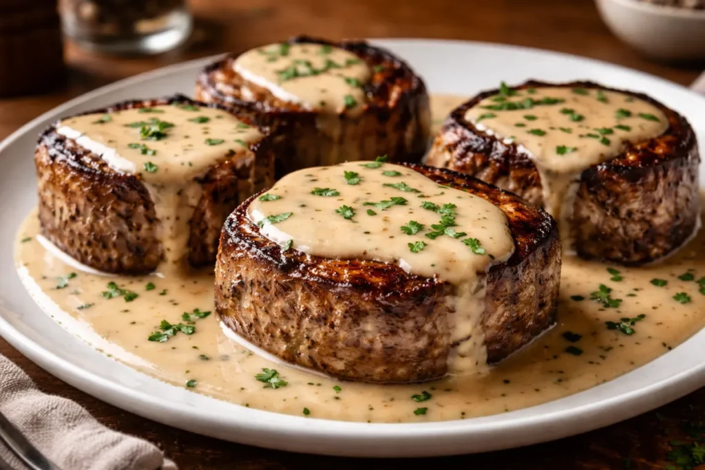 A Close Up Of Saucy Steak Bourbon Garlic Cream Sauce Quick Dinner