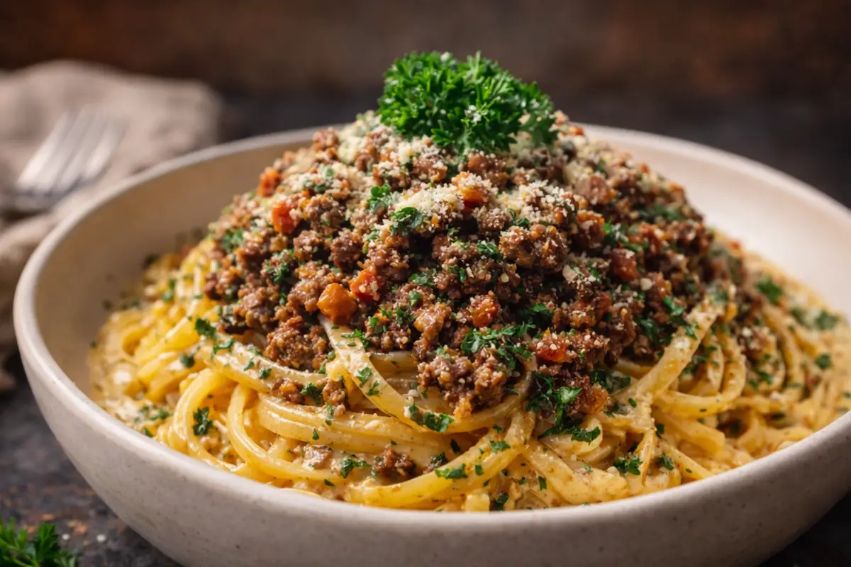 Creamy Parmesan Beef Linguine Garlic Butter Sauce Quick Dinner Ideas A Bowl Of Creamy Parmesan Beef Linguine Garlic Butter Sauce Quick Dinner