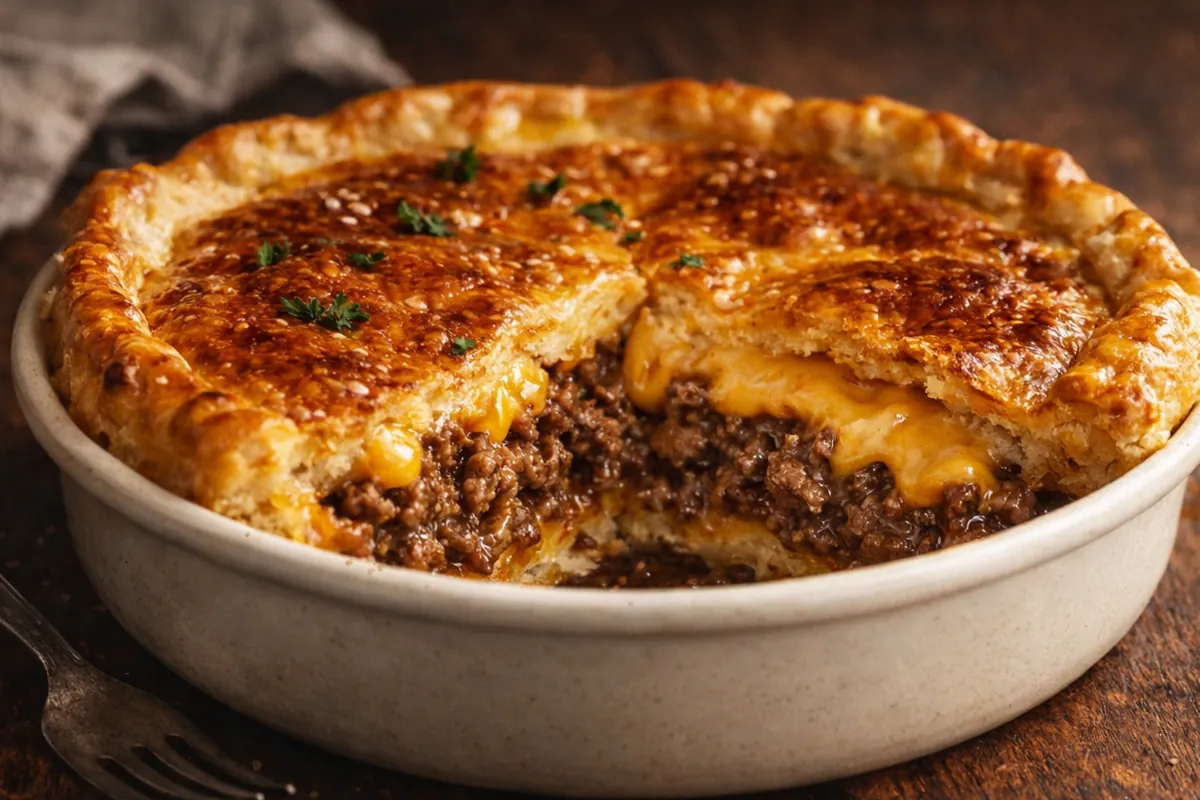 Cheesy Cheeseburger Pie for Easy Meat Dinner Ideas A Golden Brown Cheesy Cheeseburger Pie For Easy Meat Dinner Ideas Sliced