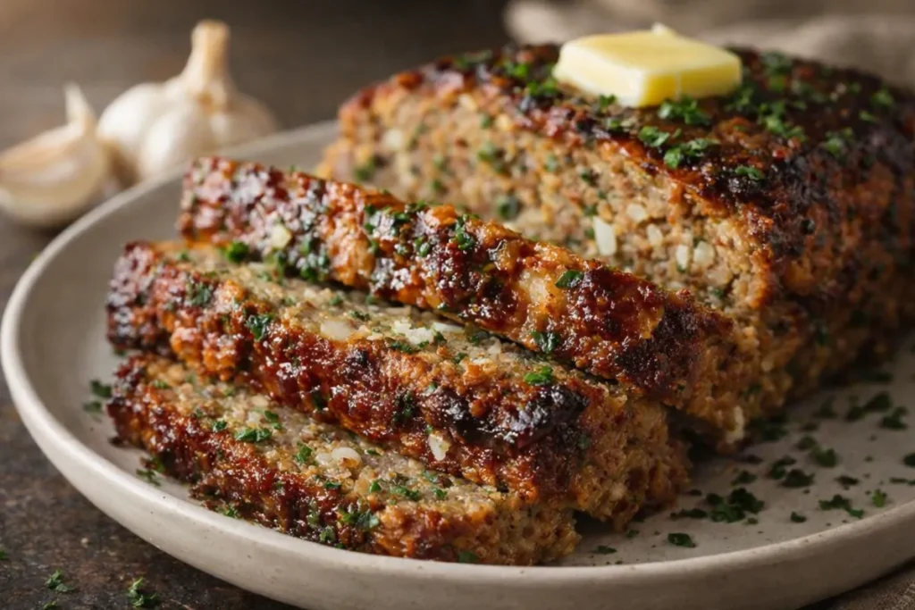 A Sliced Juicy Garlic Parmesan Meatloaf Easy Dinner Ideas On A Platter