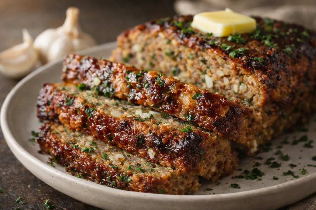 Juicy Garlic Parmesan Meatloaf Easy Dinner Ideas A Sliced Juicy Garlic Parmesan Meatloaf Easy Dinner Ideas On A Platter