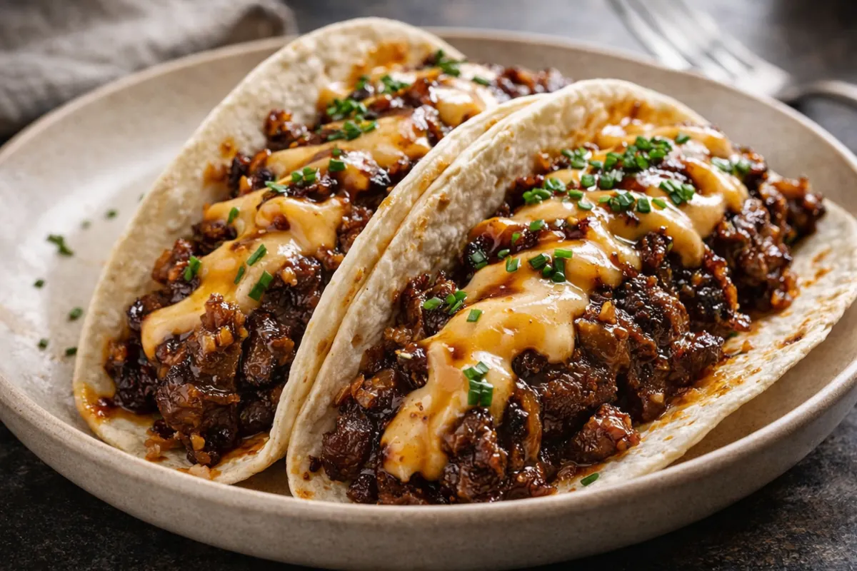 Crispy Garlic Butter Honey BBQ Beef Tacos for Easy Dinner Ideas A Platter Of Crispy Garlic Butter Honey BBQ Beef Tacos For Easy