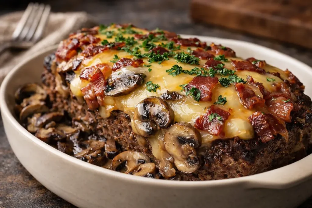 A Sliced Cheesy Swiss Bacon Mushroom Meatloaf High Protein Dinner Showing Melted