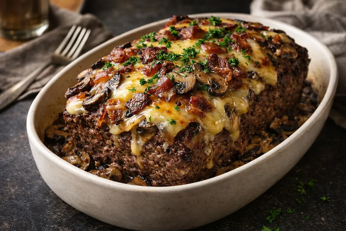 Cheesy Swiss Bacon Mushroom Meatloaf High Protein Dinner