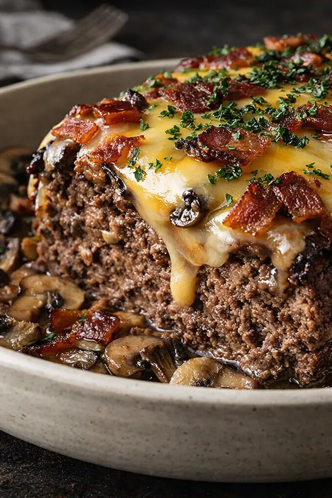 Cheesy Swiss Bacon Mushroom Meatloaf High Protein Dinner