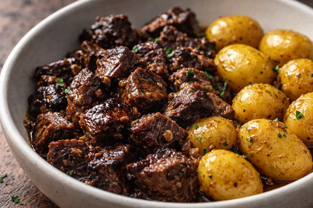 Tender Slow Cooker Garlic Butter Beef Bites Potatoes Easy Dinner Ideas A Close Up Shot Of Tender Slow Cooker Garlic Butter Beef Bites