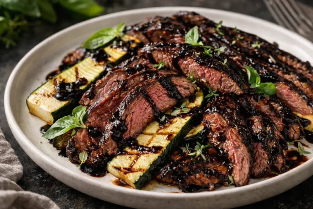 A Plate Of Sliced Juicy Balsamic Flank Steak Zucchini Whipped Feta Low