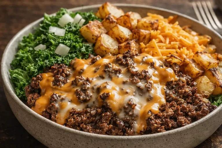 A Loaded Smash Burger Bowl Healthy Dinner Ideas Featuring Crispy Beef Patties