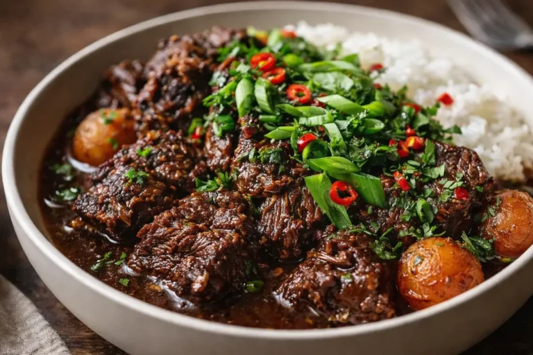 A Plate Of Tender Korean Pot Roast For Easy Dinner Ideas Garnished