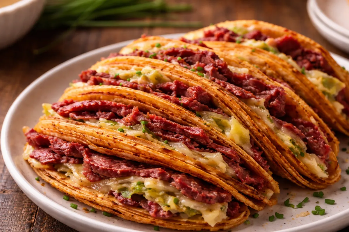 Crispy Irish Corned Beef Cabbage Tacos for Easy Dinner Ideas A Plate Of Crispy Irish Corned Beef Cabbage Tacos For Easy Dinner