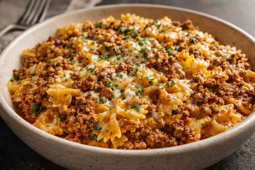 A Bowl Of Creamy Cajun Ground Beef Alfredo Bowties 30 Minute Meals