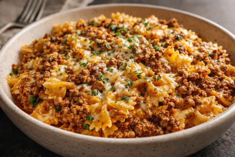 A Bowl Of Creamy Cajun Ground Beef Alfredo Bowties 30 Minute Meals