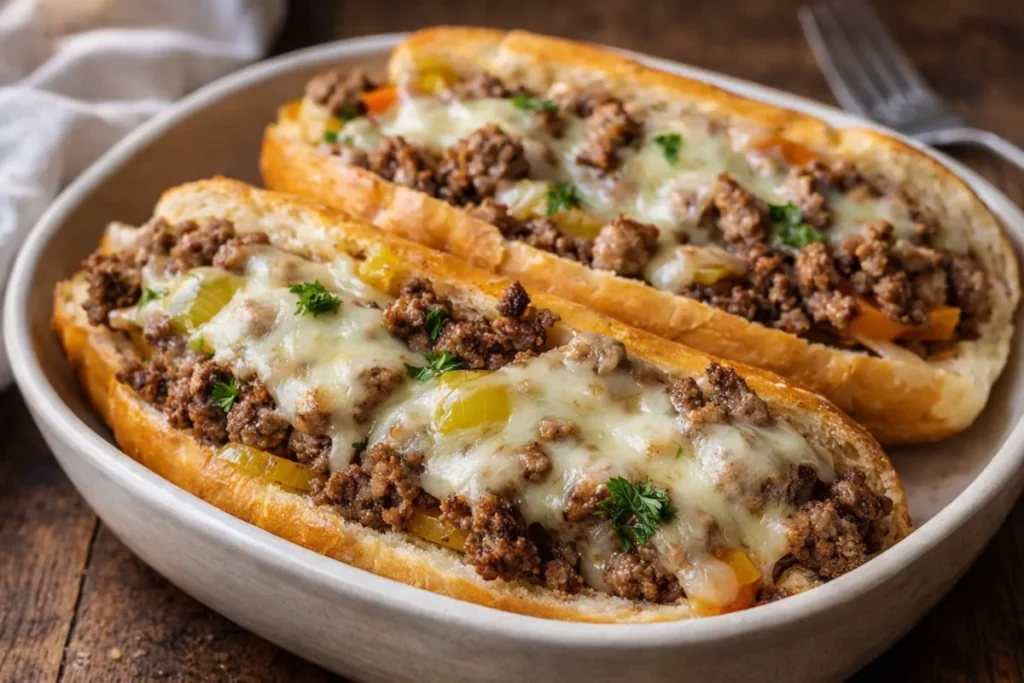A Saucy Ground Beef Philly Cheesesteak Quick Dinner Sandwich On A Toasted