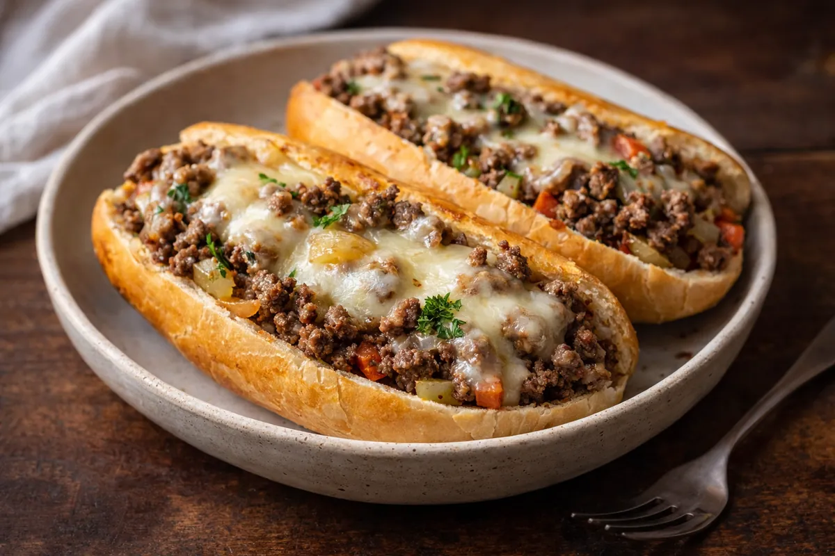 Saucy Ground Beef Philly Cheesesteak Quick Dinner