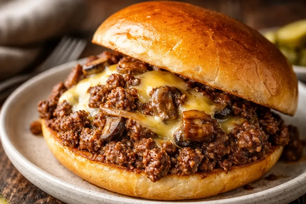A Close Up Shot Of Saucy Philly Cheesesteak Sloppy Joes Easy Dinner