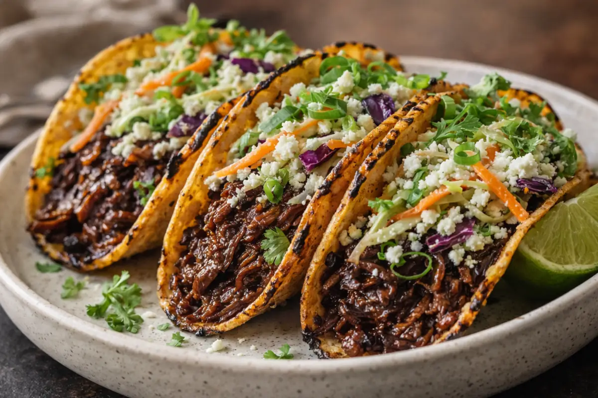Crispy Slow Cooker Korean Beef Tacos Easy Dinner Ideas A Plate Of Crispy Slow Cooker Korean Beef Tacos Easy Dinner Ideas