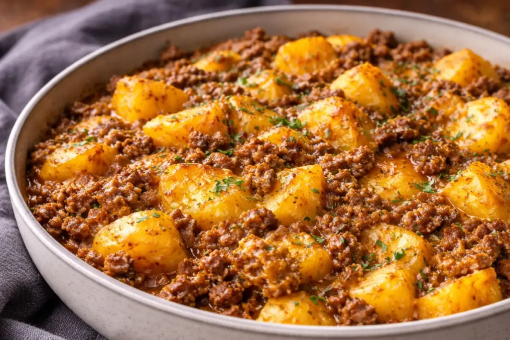 A Cast Iron Pan Filled With Saucy Beef Potato Skillet Quick Dinner