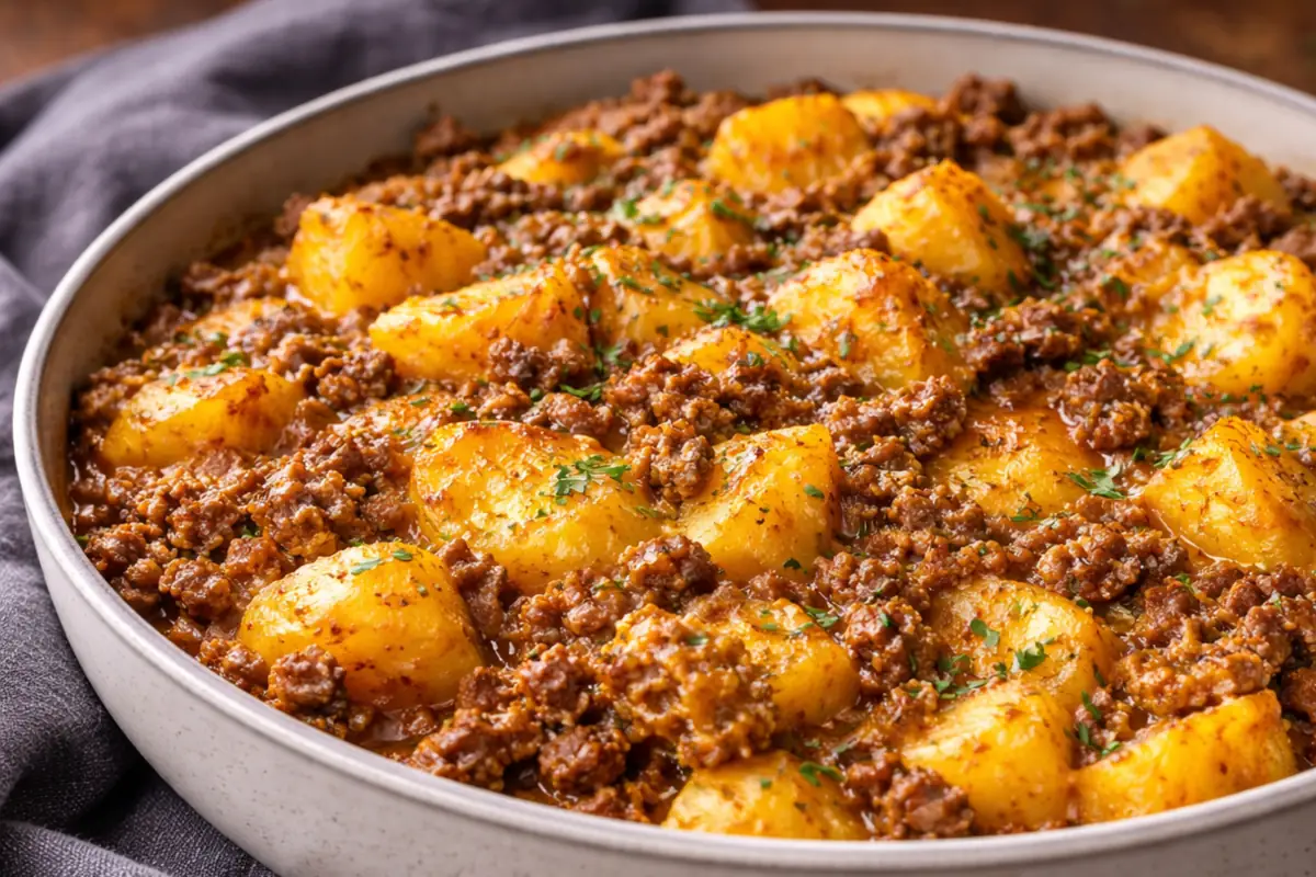 Saucy Beef Potato Skillet Quick Dinner Ideas A Cast Iron Pan Filled With Saucy Beef Potato Skillet Quick Dinner