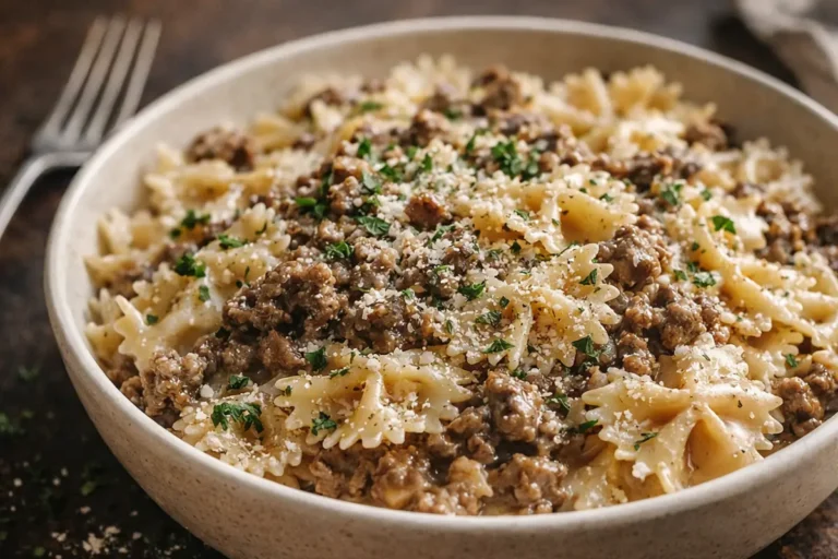 A Close Up Shot Of Creamy Parmesan Garlic Beef Bowtie Pasta Quick