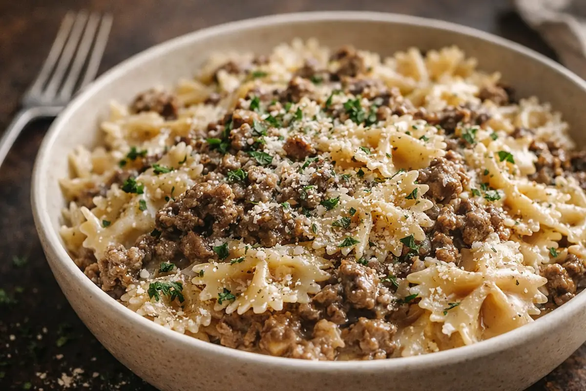 Creamy Parmesan Garlic Beef Bowtie Pasta Quick Dinner Ideas A Close Up Shot Of Creamy Parmesan Garlic Beef Bowtie Pasta Quick