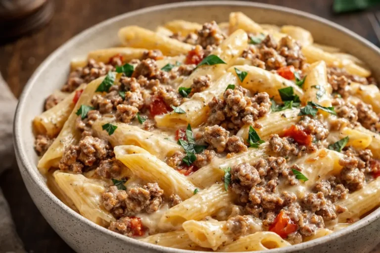 A Close Up Overhead Shot Of Creamy Rotel Ground Beef Pasta Easy
