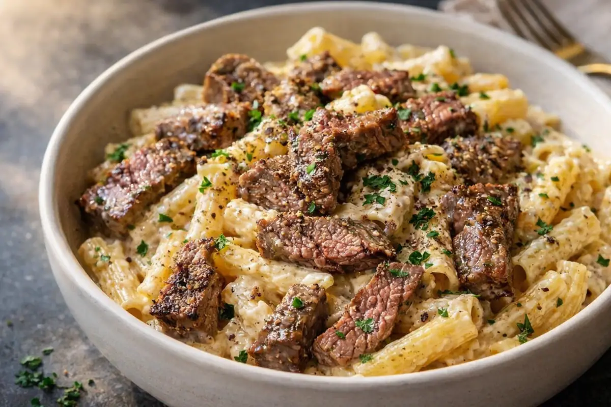 Creamy Steak Pasta Quick Dinner Ideas A Close Up Shot Of Creamy Steak Pasta Quick Dinner Ideas With