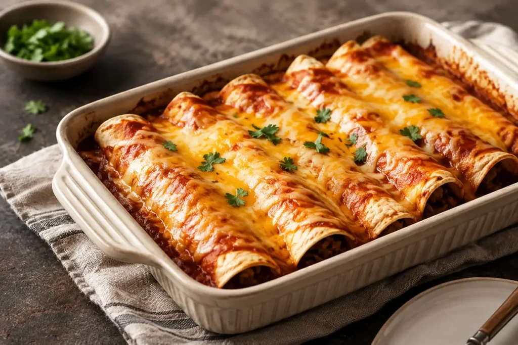 Cheesy 5 Ingredient Beef Enchiladas For Busy Weeknights Bubbling Under Melted Cheese