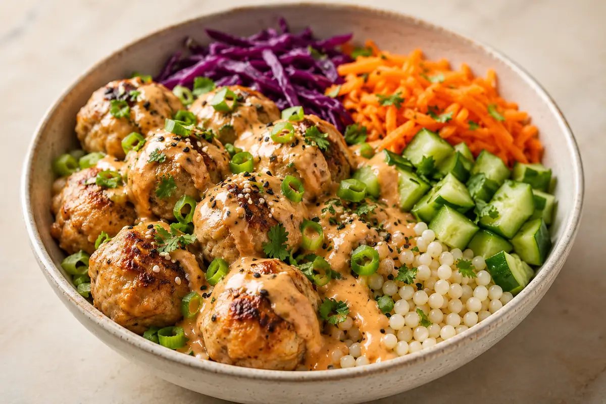Bang Bang Chicken Bowl For Easy Dinners With Chicken Meatballs, Couscous, Cabbage,