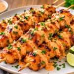 Bang Bang Chicken Skewers With Creamy Orange Sauce And Charred Chicken Pieces