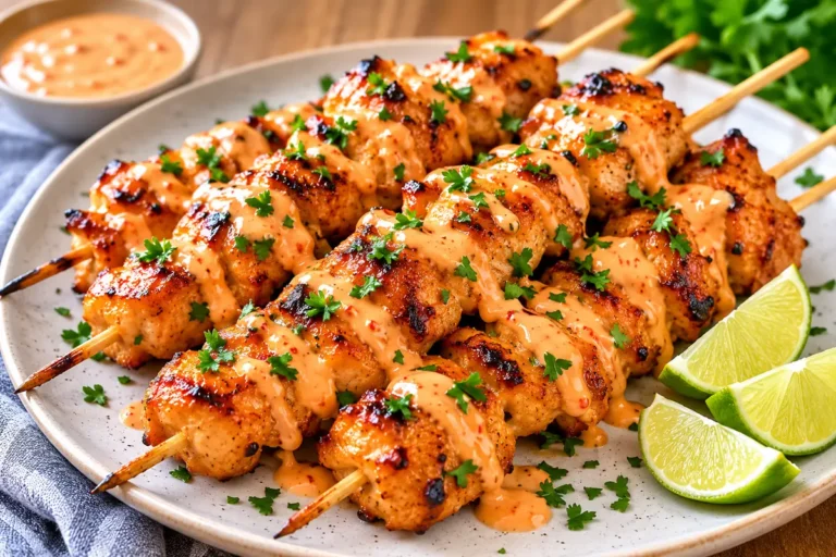 Bang Bang Chicken Skewers With Creamy Orange Sauce And Charred Chicken Pieces