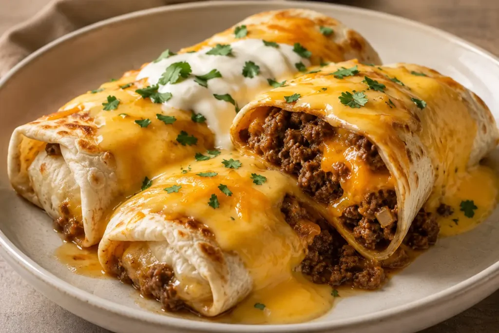 Cheesy Beef Cheese Burritos For Easy Dinners Cut Open With Beef And