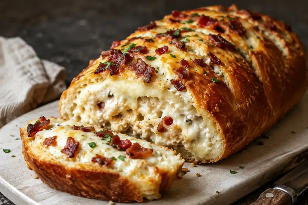 Crispy Chicken Bacon Ranch Stuffed Bread For Easy Dinners Sliced On A