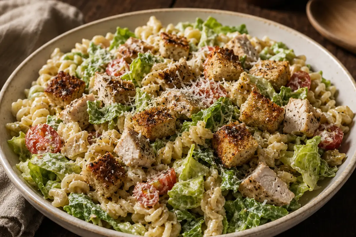 Crunchy Chicken Caesar Pasta Salad for Meal Prep Crunchy Chicken Caesar Pasta Salad For Meal Prep With Golden Chicken And