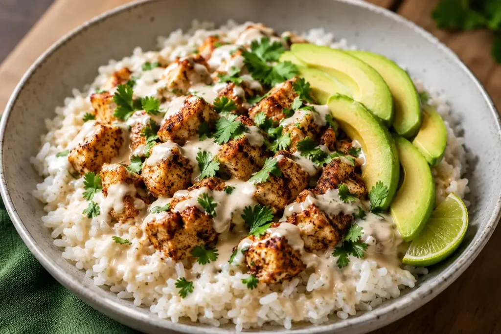 Loaded Coconut Chicken Rice Bowl For Easy Dinners With Coconut Rice, Creamy