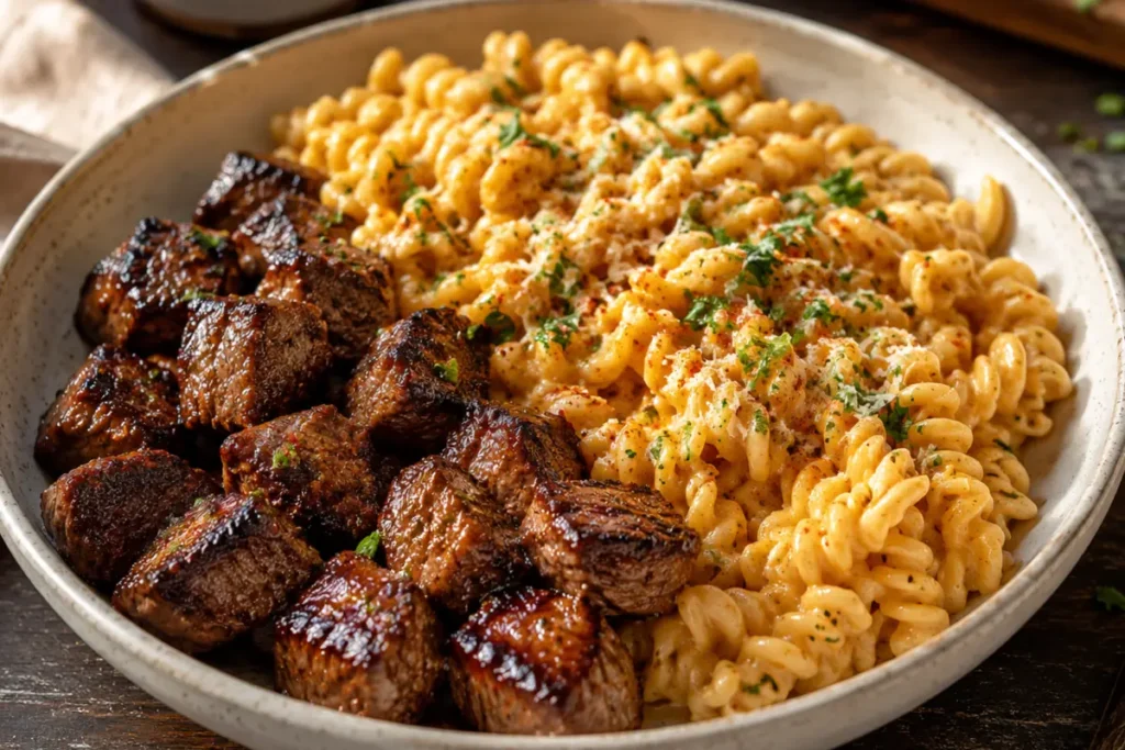 Creamy Garlic Butter Steak Bites With Spicy Cajun Alfredo Twisted Pasta For