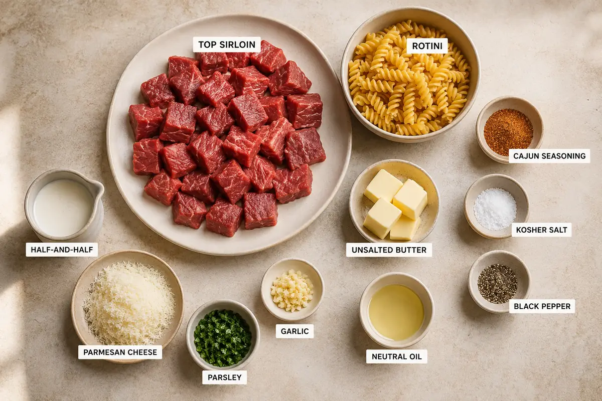 Creamy Garlic Butter Steak Bites with Spicy Cajun Alfredo Twisted Pasta for Busy Weeknights