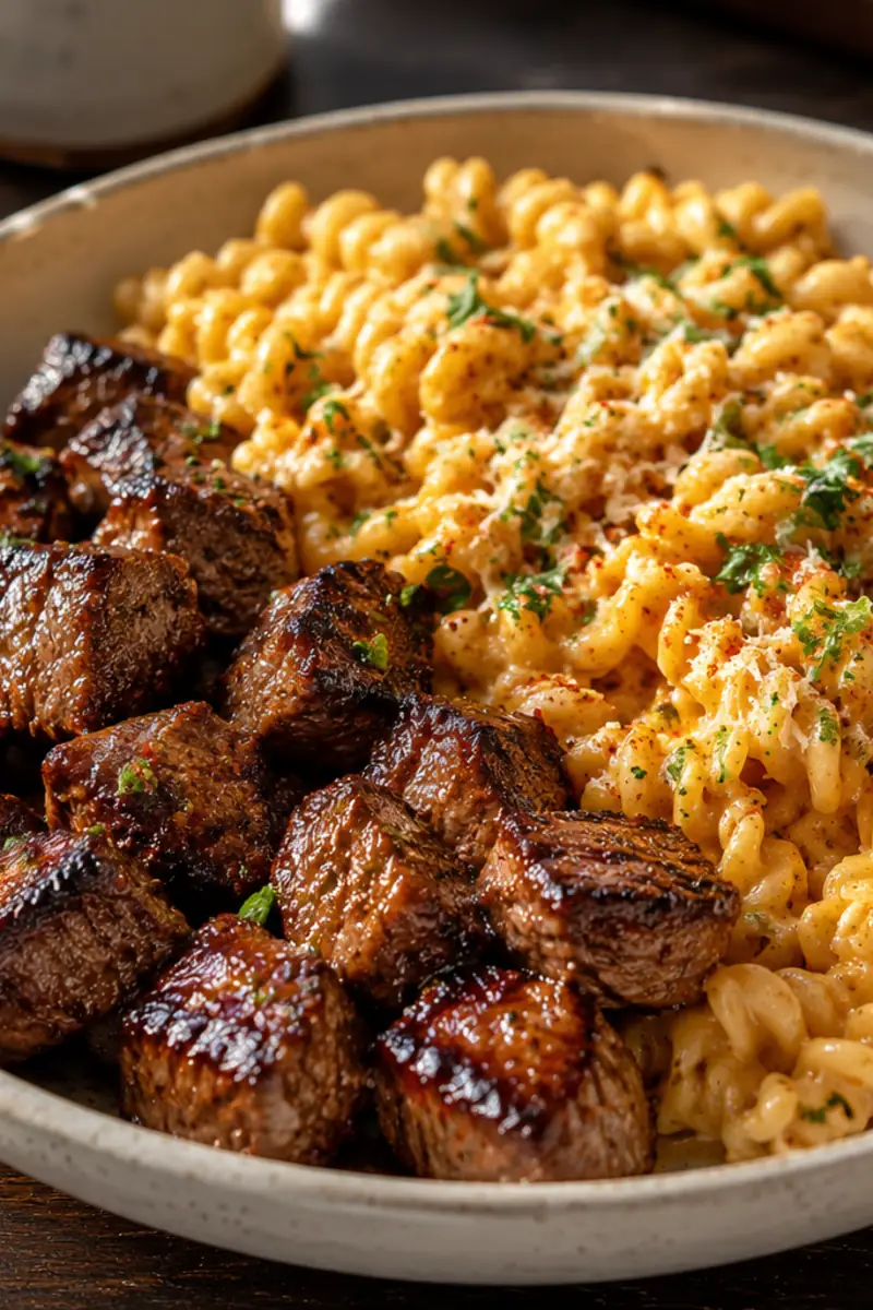 Creamy Garlic Butter Steak Bites with Spicy Cajun Alfredo Twisted Pasta for Busy Weeknights