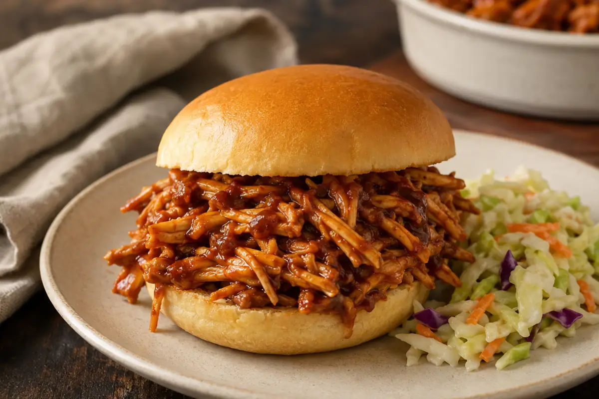 Tender Crockpot BBQ Pulled Chicken for Busy Weeknights Tender Crockpot BBQ Pulled Chicken For Busy Weeknights In A White Serving