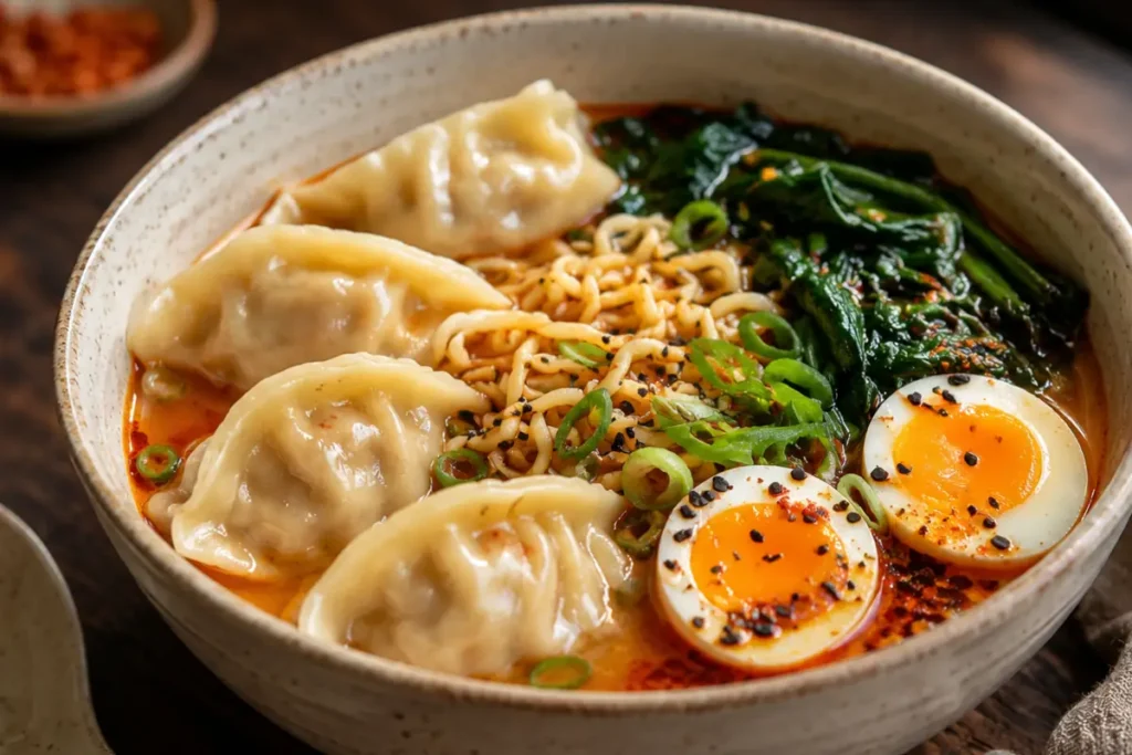 Steaming Loaded Dumpling Ramen Bowl For Busy Weeknights With Shrimp And Bok