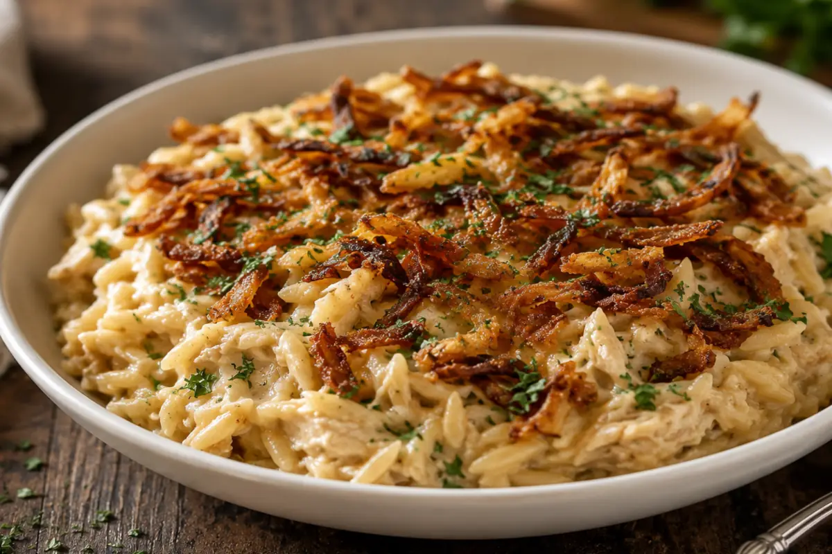 French Onion Chicken Orzo Casserole for Busy Weeknights French Onion Chicken Orzo Casserole For Busy Weeknights With Browned Swiss Cheese