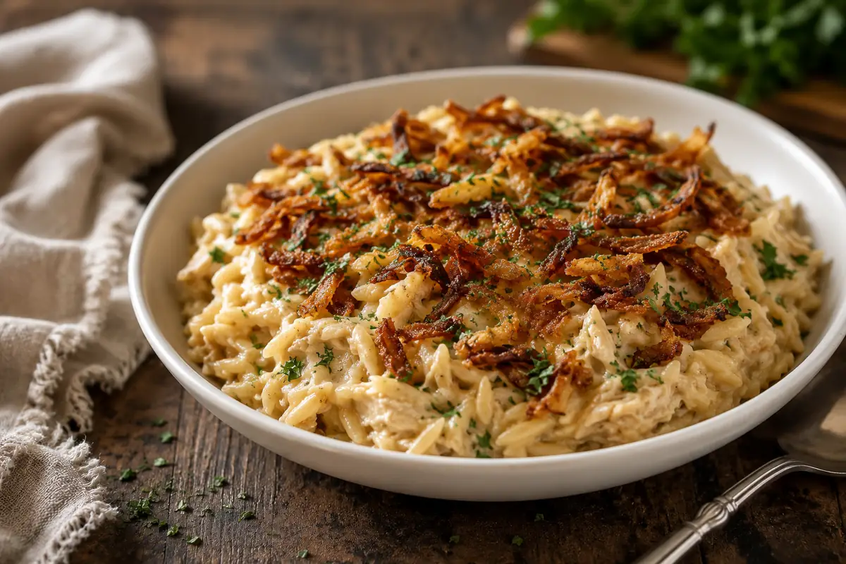 French Onion Chicken Orzo Casserole for Busy Weeknights