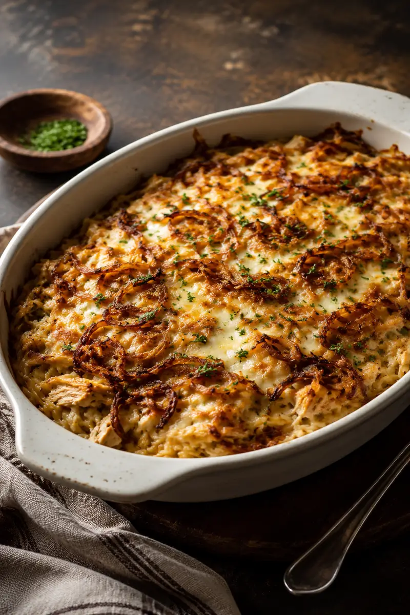 French Onion Chicken Orzo Casserole for Busy Weeknights