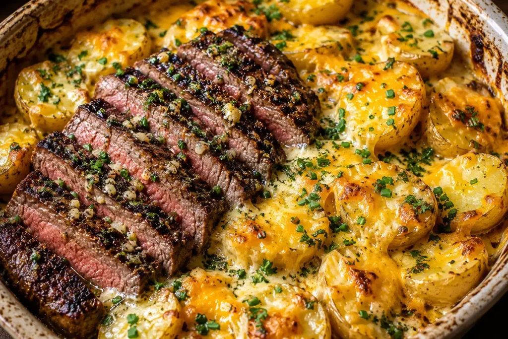 Cheesy Garlic Butter Steak Cheddar Potato Bake For Easy Dinners With Sliced