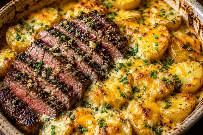 Cheesy Garlic Butter Steak Cheddar Potato Bake For Easy Dinners With Sliced