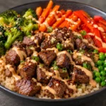 Loaded Hibachi Steak Bowls for Easy Dinners Loaded Hibachi Steak Bowls For Easy Dinners With Seared Steak, Rice, Vegetables,