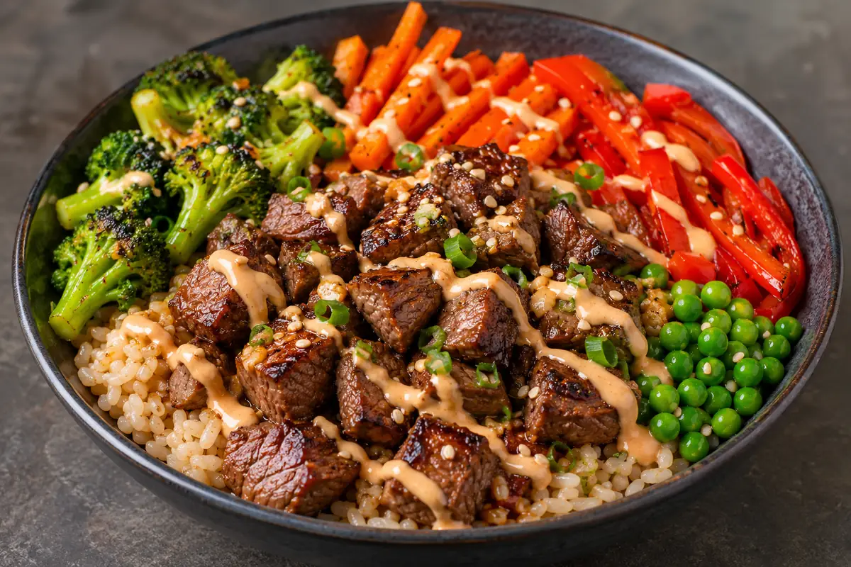 Loaded Hibachi Steak Bowls For Easy Dinners With Seared Steak, Rice, Vegetables,