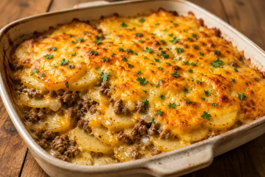 Cheesy Hobo Casserole With Ground Beef Layered With Tender Potatoes And Melted